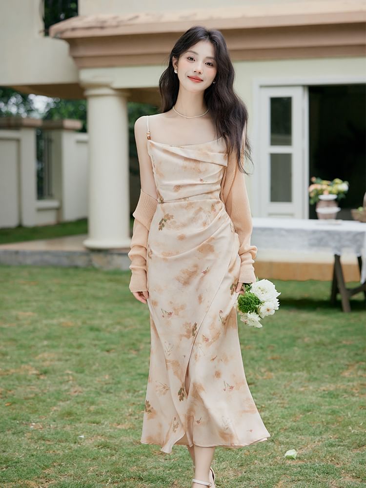 Spaghetti Strap Scoop Neck Floral Print Beaded Ruched Slit Midi Mermaid Dress / Plain Open Front Crop Cardigan / Set