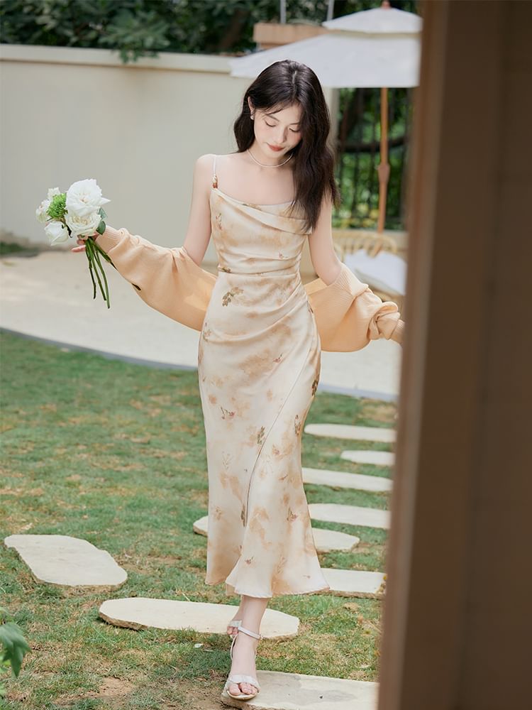 Spaghetti Strap Scoop Neck Floral Print Beaded Ruched Slit Midi Mermaid Dress / Plain Open Front Crop Cardigan / Set