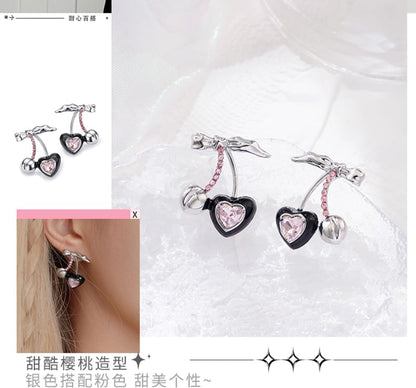Stud Rhinestone / Cherry Sterling Cuff Silver Ear Earring