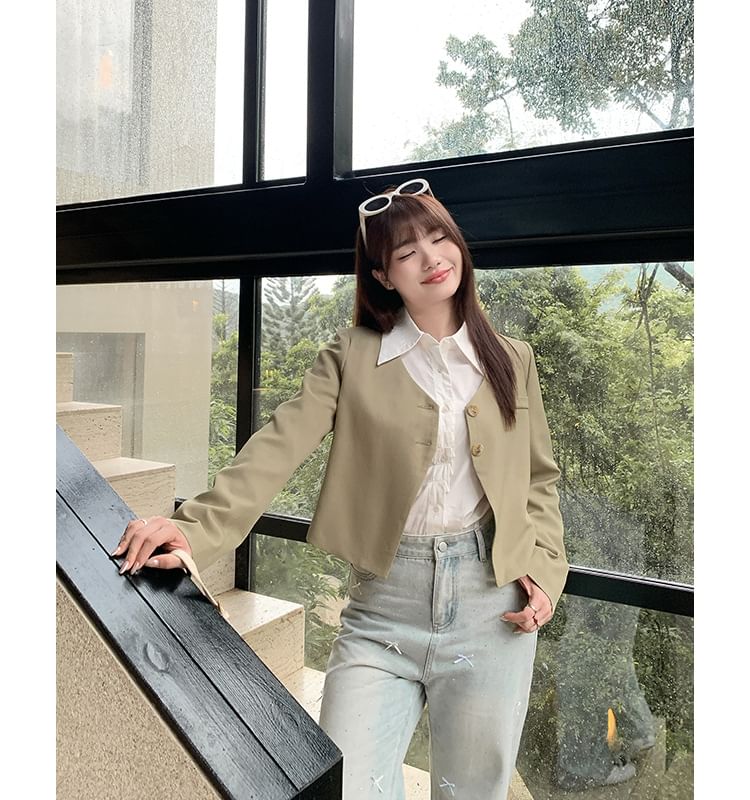 Plain V-Neck Cropped Blazer