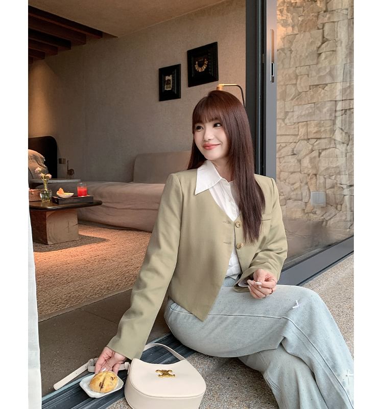 Plain V-Neck Cropped Blazer