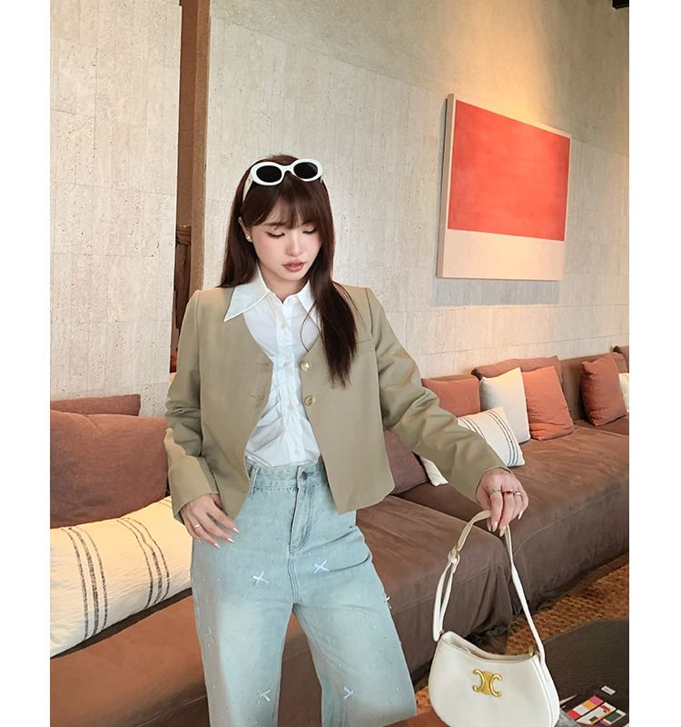 Plain V-Neck Cropped Blazer