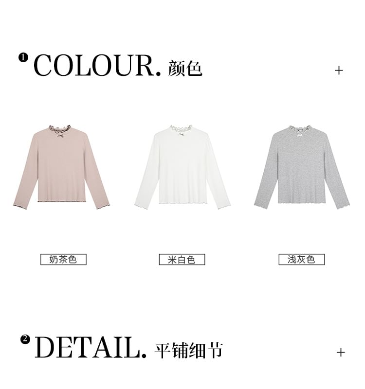 Double-Layered Wood Ear Trim Bow Contrast Trim Knit Top