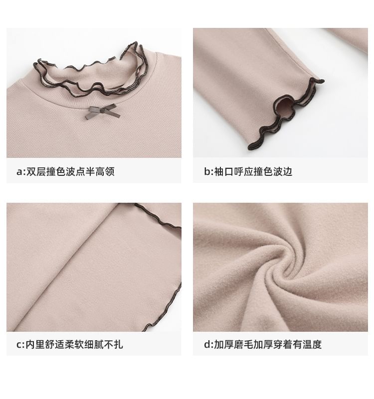 Double-Layered Wood Ear Trim Bow Contrast Trim Knit Top