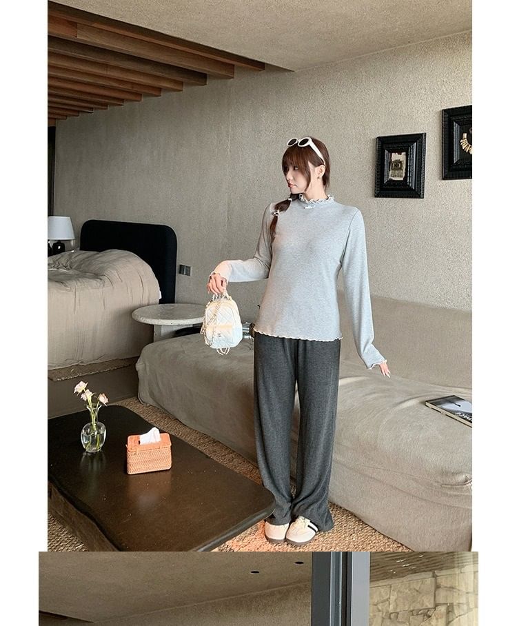 Double-Layered Wood Ear Trim Bow Contrast Trim Knit Top