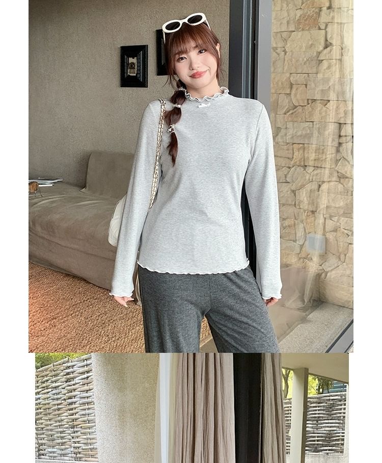 Double-Layered Wood Ear Trim Bow Contrast Trim Knit Top