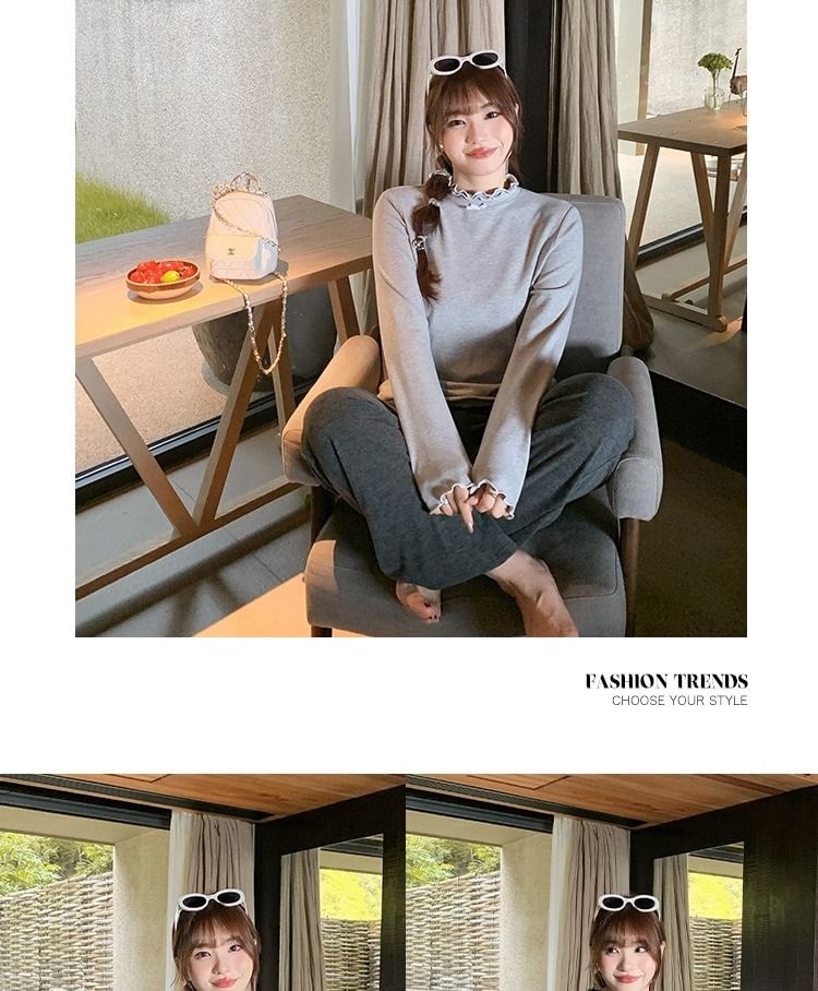 Double-Layered Wood Ear Trim Bow Contrast Trim Knit Top