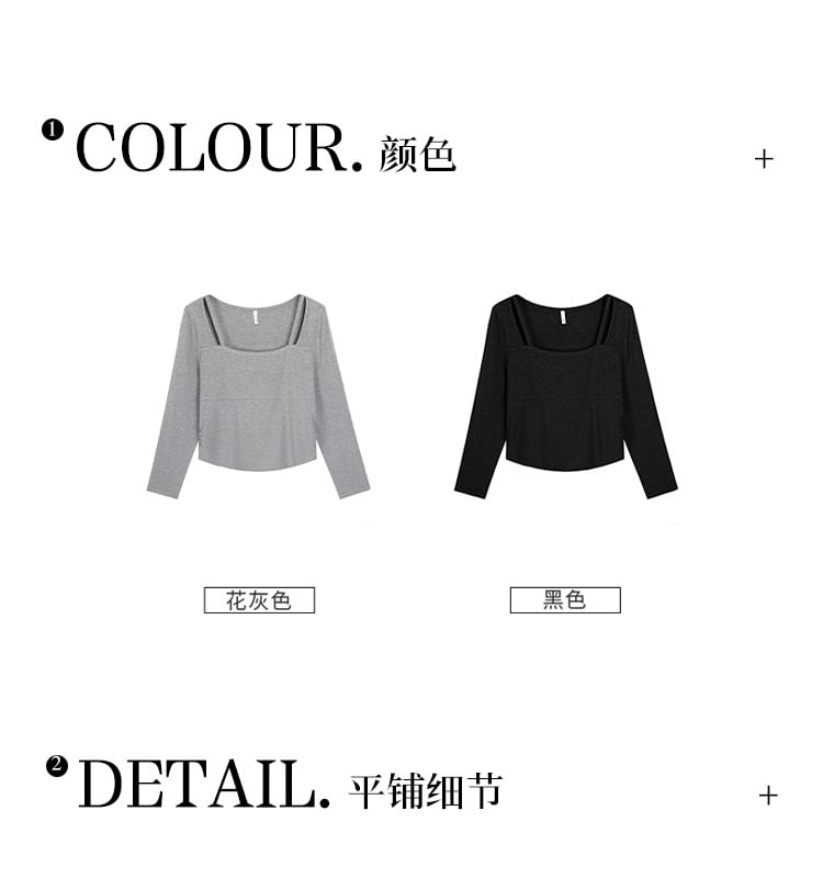 Long-Sleeve Square-Neck Plain Cutout Tee