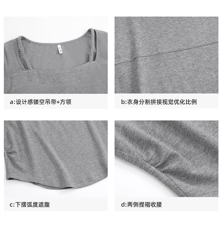 Long-Sleeve Square-Neck Plain Cutout Tee