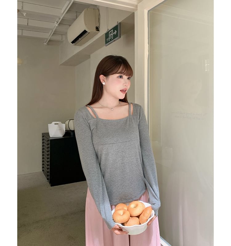 Long-Sleeve Square-Neck Plain Cutout Tee