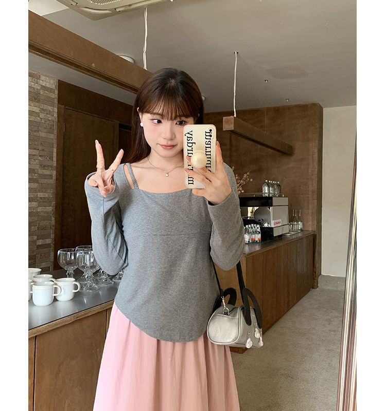 Long-Sleeve Square-Neck Plain Cutout Tee