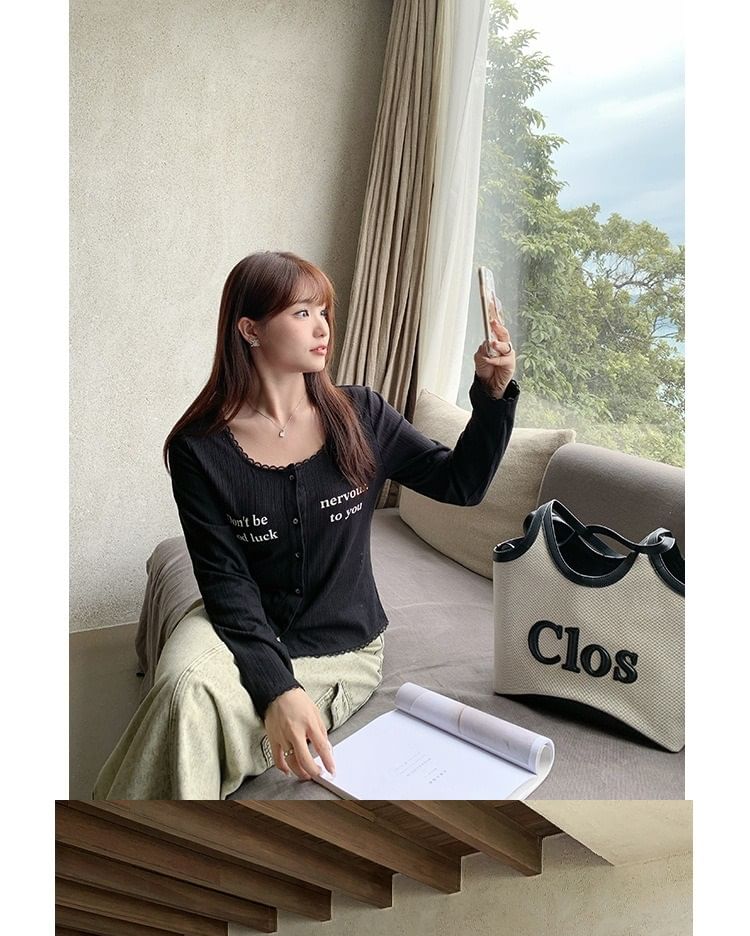 Lace Trim Lettering Cardigan