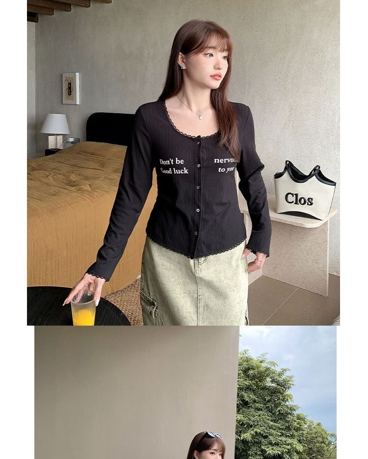Lace Trim Lettering Cardigan