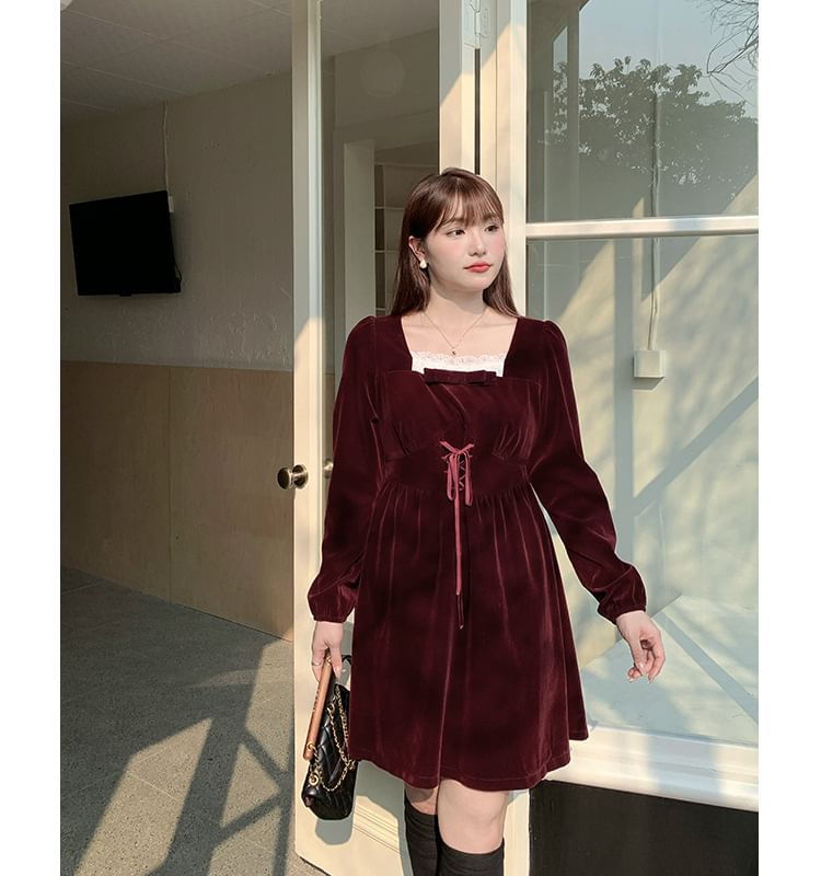 Square-Neck Lace Panel Velvet Tie-Strap Dress ( Various Designs )