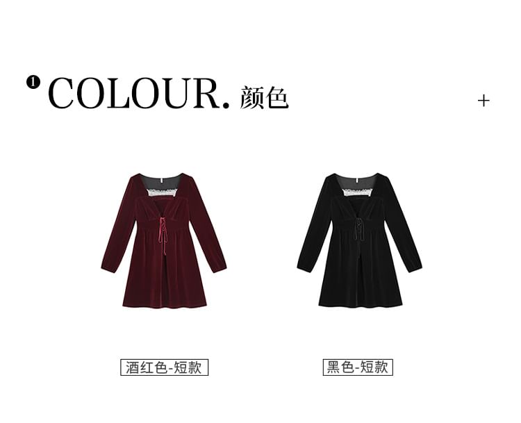 Square-Neck Lace Panel Velvet Tie-Strap Dress ( Various Designs )