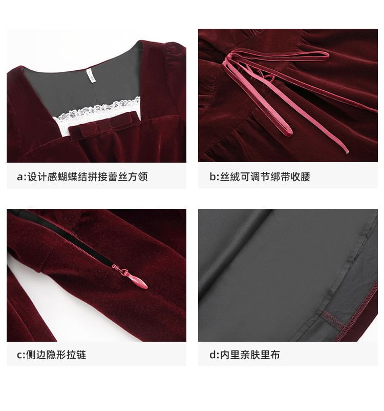 Square-Neck Lace Panel Velvet Tie-Strap Dress ( Various Designs )