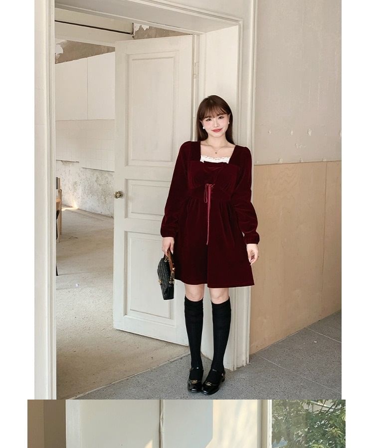 Square-Neck Lace Panel Velvet Tie-Strap Dress ( Various Designs )