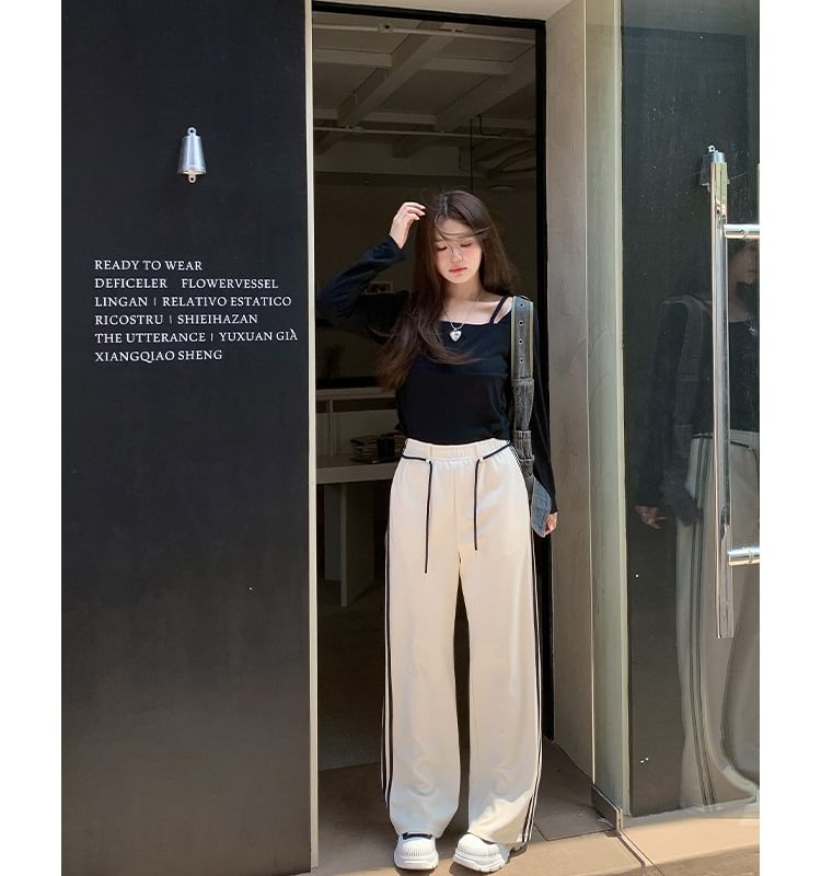 Striped Tie-Strap Shift Wide-Leg Pants