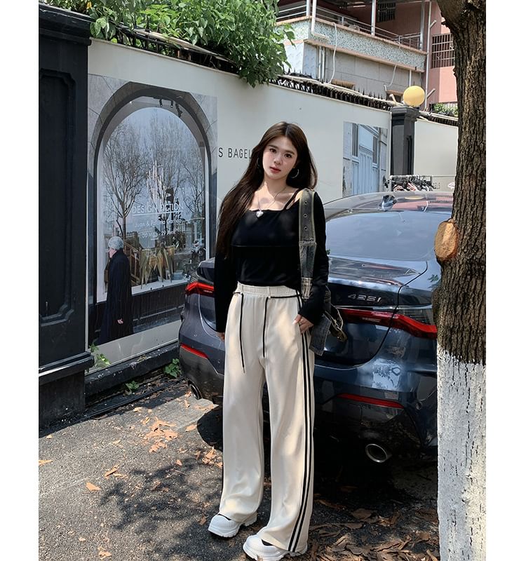 Striped Tie-Strap Shift Wide-Leg Pants