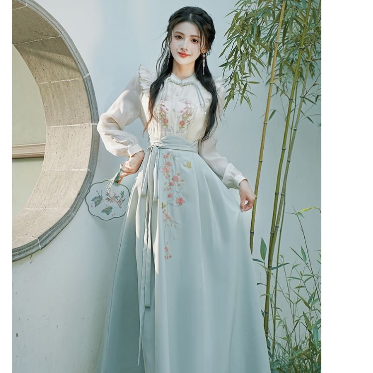 Long-Sleeve Embroidered Hanfu Top / High Waist Maxi A-Line Skirt / Set