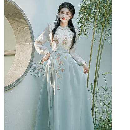 Long-Sleeve Embroidered Hanfu Top / High Waist Maxi A-Line Skirt / Set