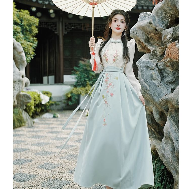 Long-Sleeve Embroidered Hanfu Top / High Waist Maxi A-Line Skirt / Set