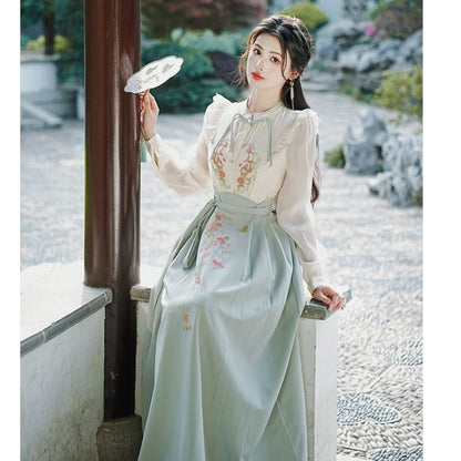 Long-Sleeve Embroidered Hanfu Top / High Waist Maxi A-Line Skirt / Set