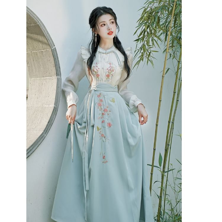 Long-Sleeve Embroidered Hanfu Top / High Waist Maxi A-Line Skirt / Set