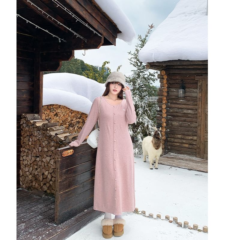 Long Sleeve Round Neck Lettering Embroidered Button Midi A-Line Dress