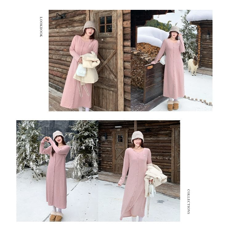 Long Sleeve Round Neck Lettering Embroidered Button Midi A-Line Dress