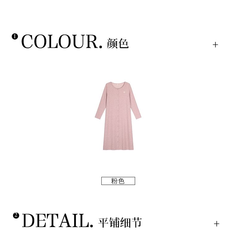 Long Sleeve Round Neck Lettering Embroidered Button Midi A-Line Dress