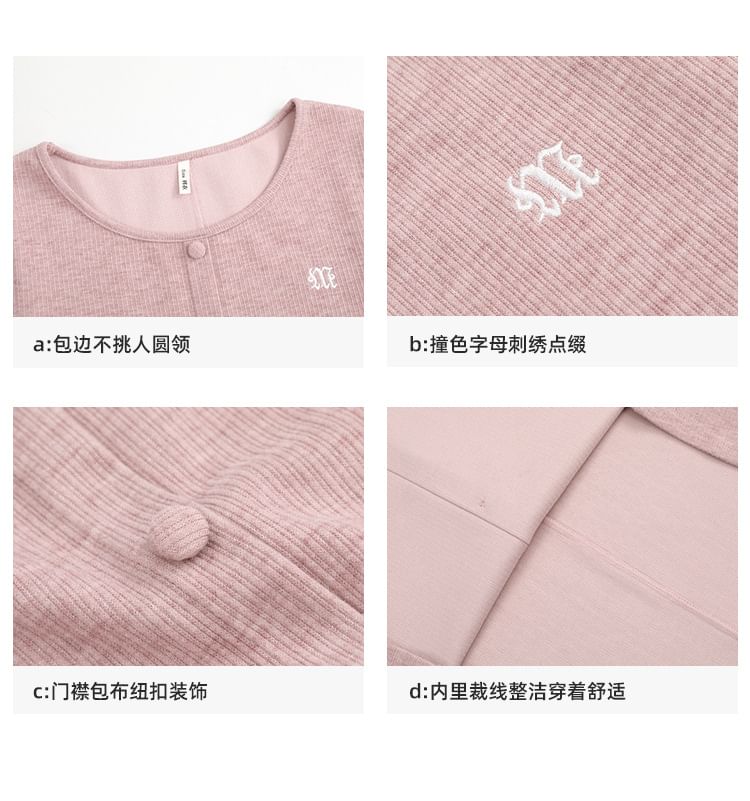 Long Sleeve Round Neck Lettering Embroidered Button Midi A-Line Dress