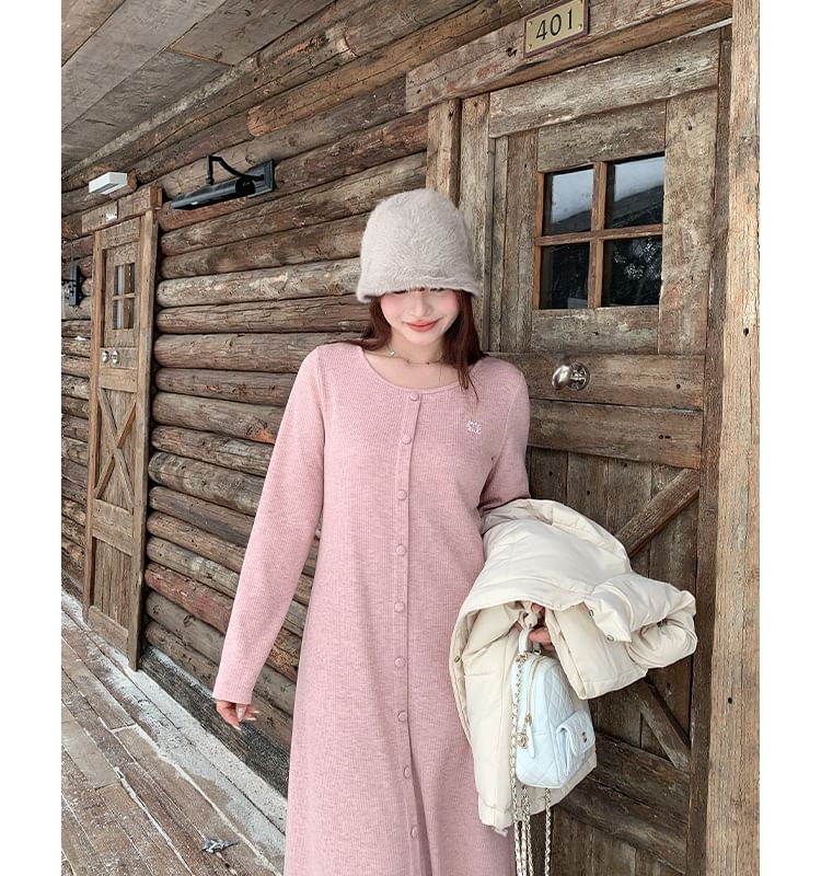 Long Sleeve Round Neck Lettering Embroidered Button Midi A-Line Dress