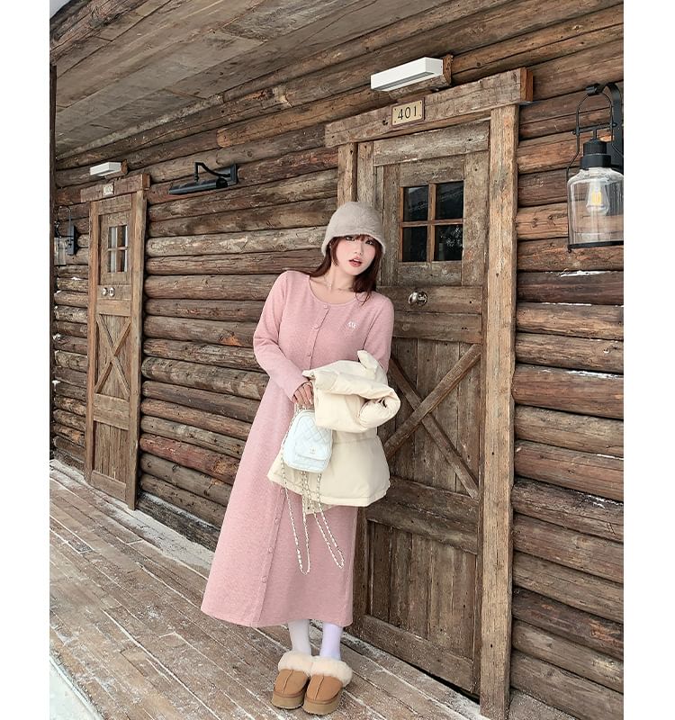 Long Sleeve Round Neck Lettering Embroidered Button Midi A-Line Dress