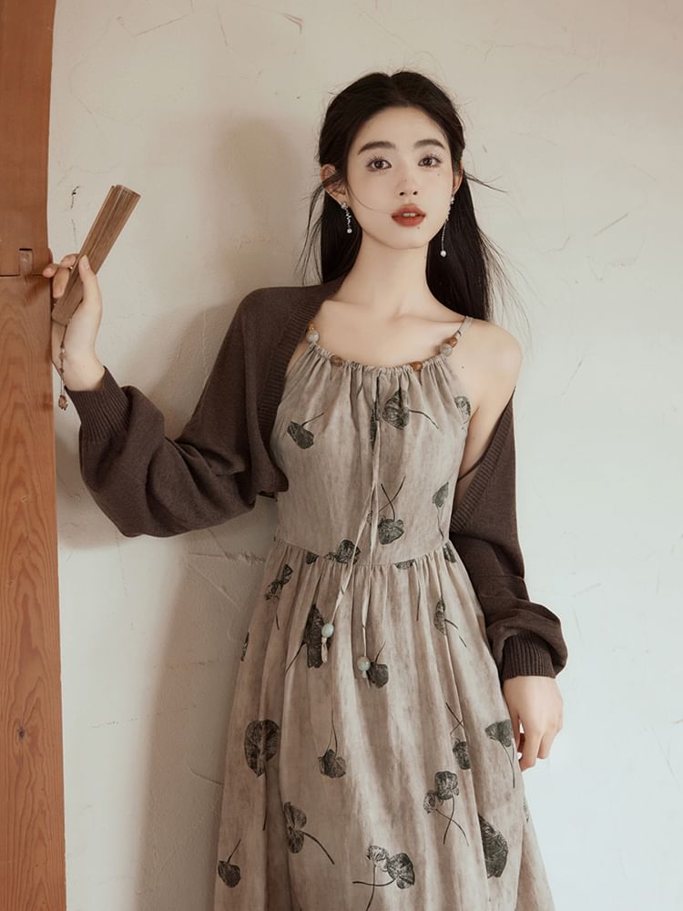 Spaghetti Strap Leaf Print Beaded Midi A-Line Dress / Plain Bolero Cardigan / Set