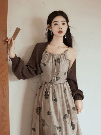 Spaghetti Strap Leaf Print Beaded Midi A-Line Dress / Plain Bolero Cardigan / Set