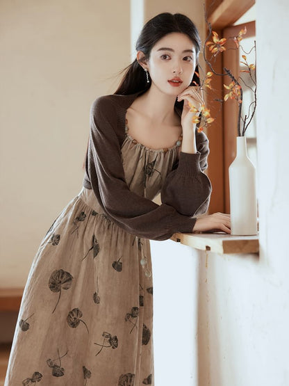 Spaghetti Strap Leaf Print Beaded Midi A-Line Dress / Plain Bolero Cardigan / Set