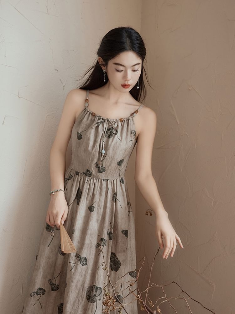 Spaghetti Strap Leaf Print Beaded Midi A-Line Dress / Plain Bolero Cardigan / Set