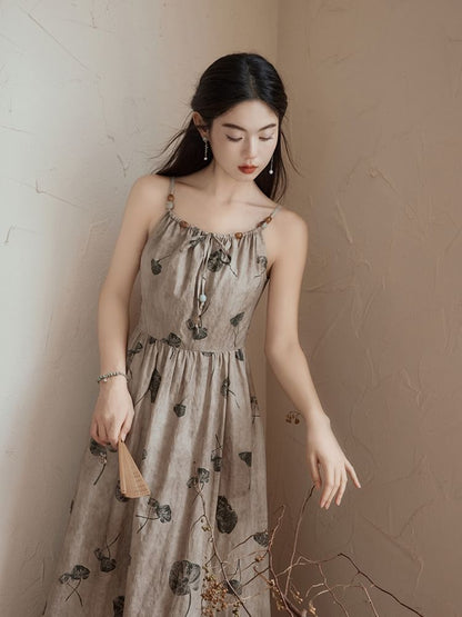 Spaghetti Strap Leaf Print Beaded Midi A-Line Dress / Plain Bolero Cardigan / Set