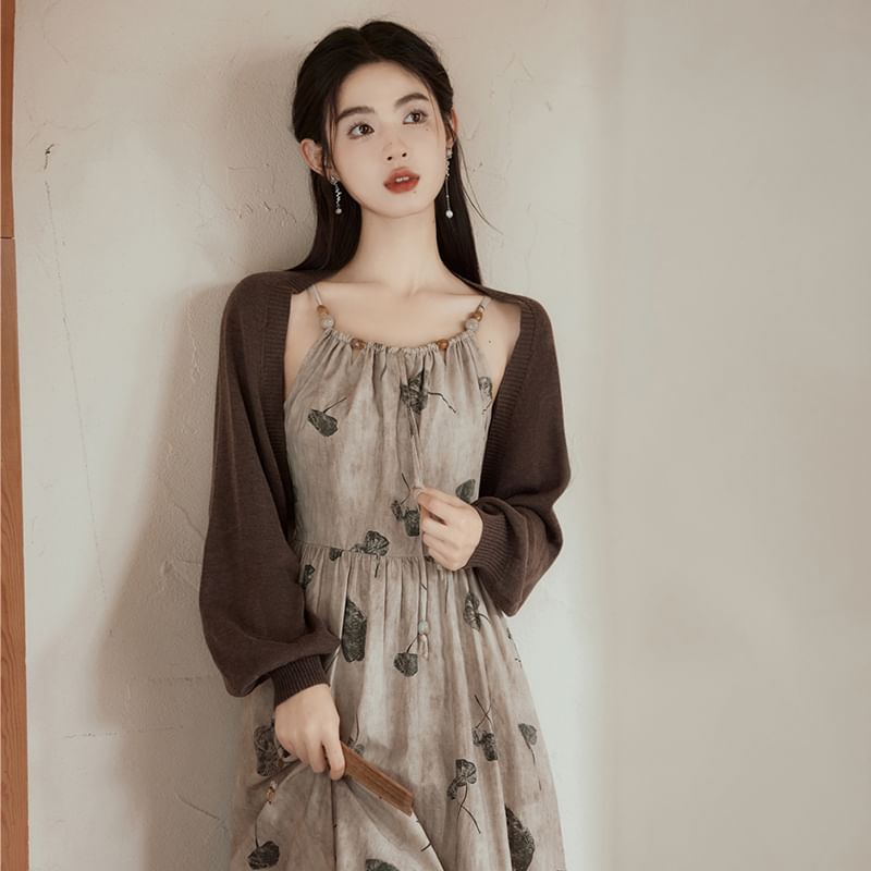Spaghetti Strap Leaf Print Beaded Midi A-Line Dress / Plain Bolero Cardigan / Set