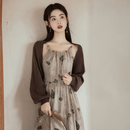 Spaghetti Strap Leaf Print Beaded Midi A-Line Dress / Plain Bolero Cardigan / Set