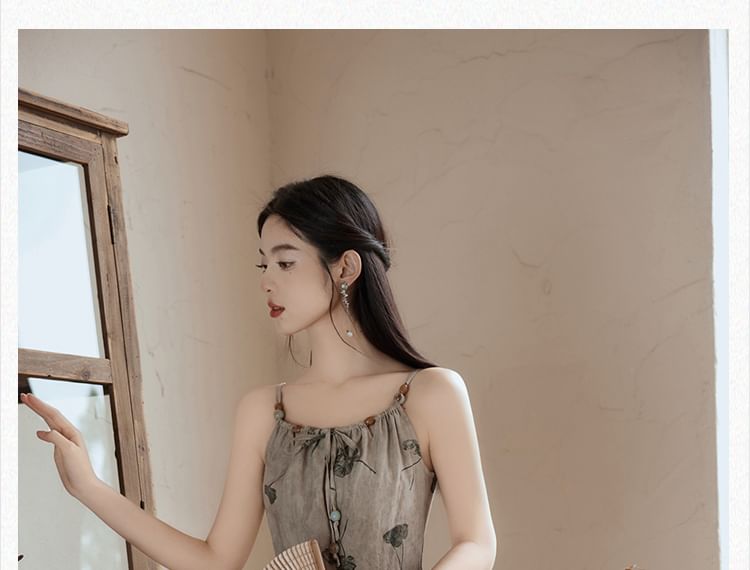 Spaghetti Strap Leaf Print Beaded Midi A-Line Dress / Plain Bolero Cardigan / Set