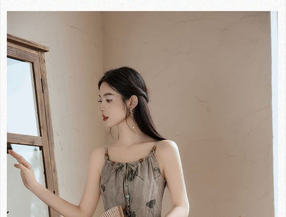 Spaghetti Strap Leaf Print Beaded Midi A-Line Dress / Plain Bolero Cardigan / Set