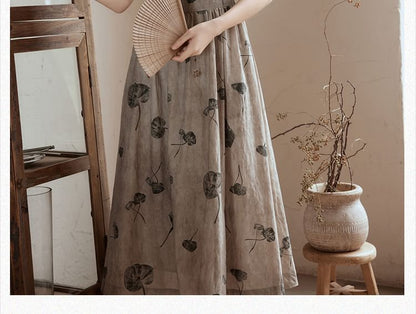 Spaghetti Strap Leaf Print Beaded Midi A-Line Dress / Plain Bolero Cardigan / Set