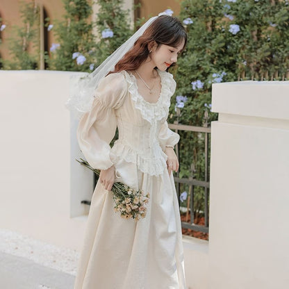 Set: Long-Sleeve Scoop Neck Plain Lace Trim Midi A-Line Corset Dress + Veil