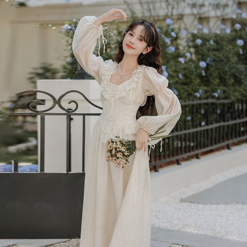 Set: Long-Sleeve Scoop Neck Plain Lace Trim Midi A-Line Corset Dress + Veil