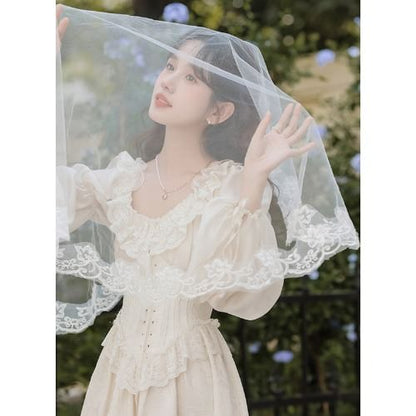 Set: Long-Sleeve Scoop Neck Plain Lace Trim Midi A-Line Corset Dress + Veil