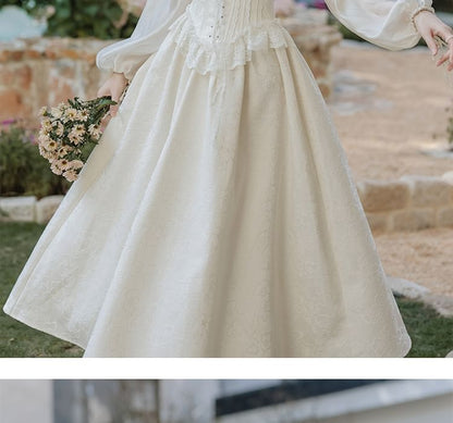 Set: Long-Sleeve Scoop Neck Plain Lace Trim Midi A-Line Corset Dress + Veil