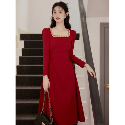Long-Sleeve Square Neck Beaded Midi A-Line Dress