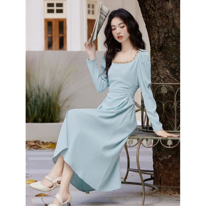 Long-Sleeve Square Neck Beaded Midi A-Line Dress